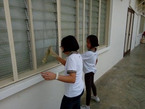 The members were trying to clean the windows by the side.